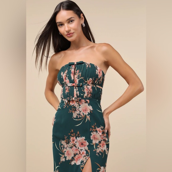 Lulus Enchanting Garden Emerald Floral Cutout Bow Strapless Maxi Dress - Picture 2 of 12